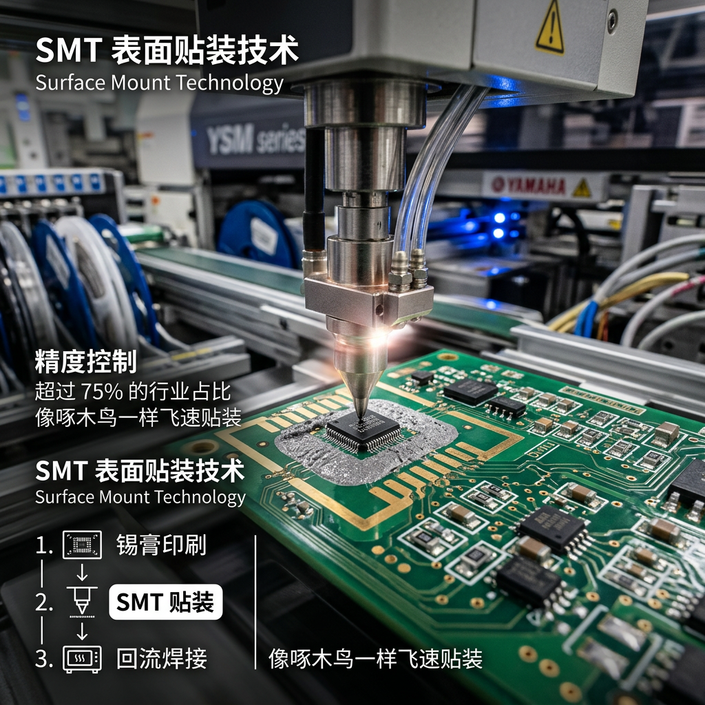 一张微距摄影图，展示SMT贴片机高速精准地将微型芯片放置在涂有锡膏的PCBA电路板上，背景是模糊的工业自动化流水线，强调PCBA制造中SMT表面贴装技术的高精度和速度。