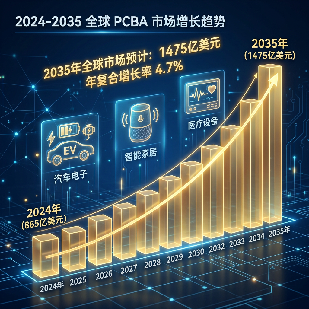 一张3D渲染的数据可视化图，展示2024年至2035年全球PCBA市场规模从865亿美元增长到1475亿美元的趋势，背景浮现电动汽车、智能音箱和心电监护仪图标，突显汽车电子、智能家居和医疗设备是主要增长驱动力。