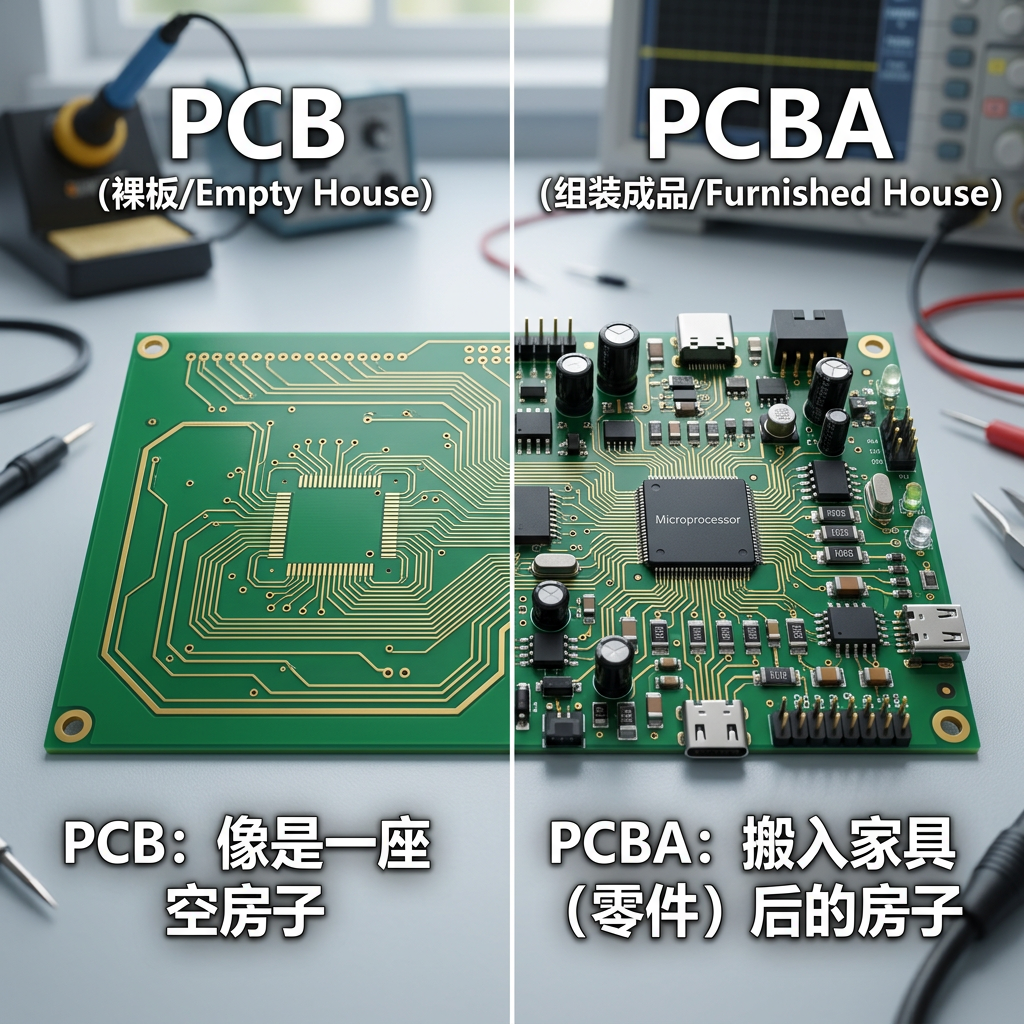 一张左右对比图，左侧显示一块空白的PCB裸板，右侧显示一块装配了电子元件的PCBA成品板，形象比喻PCB是空房子，PCBA是搬入家具的房子，直观解释PCBA概念。